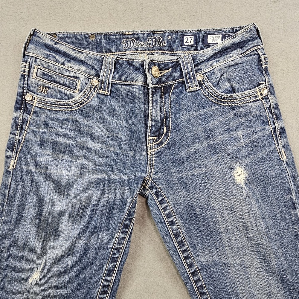 Miss Me Women's Boot Cut Jeans Size 27 Medium Wash Distressed Fleur De Lis READ - Picture 10 of 13